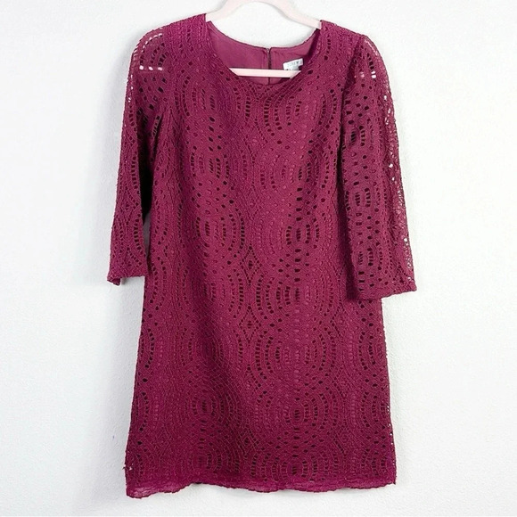 J. Crew Lace Overlay Dress  3/4 Sleeve in Burgundy size 4 Eyelet Shift Dress - Picture 9 of 9